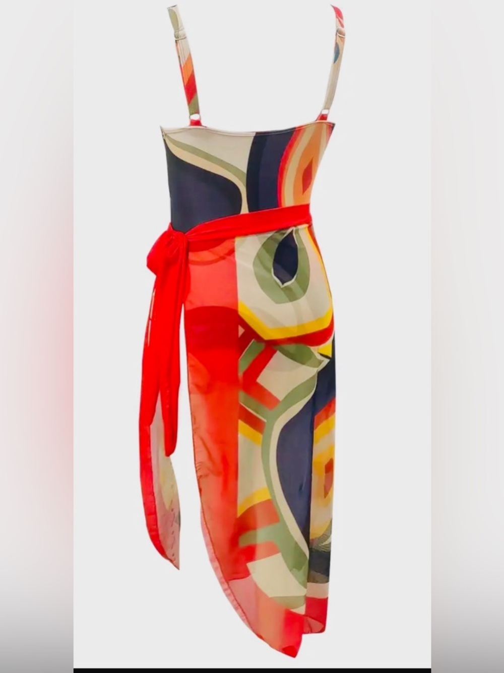 Retro Geo Print One-Piece Swimsuit & Matching Sarong Set | Size XXL | Boho - Picture 4 of 9